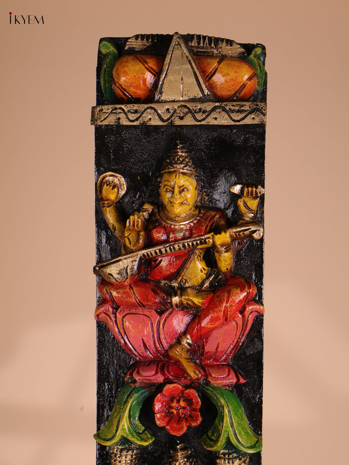 Wooden Hand Carved Painted Sarswathi Vertical Panel (36x4)