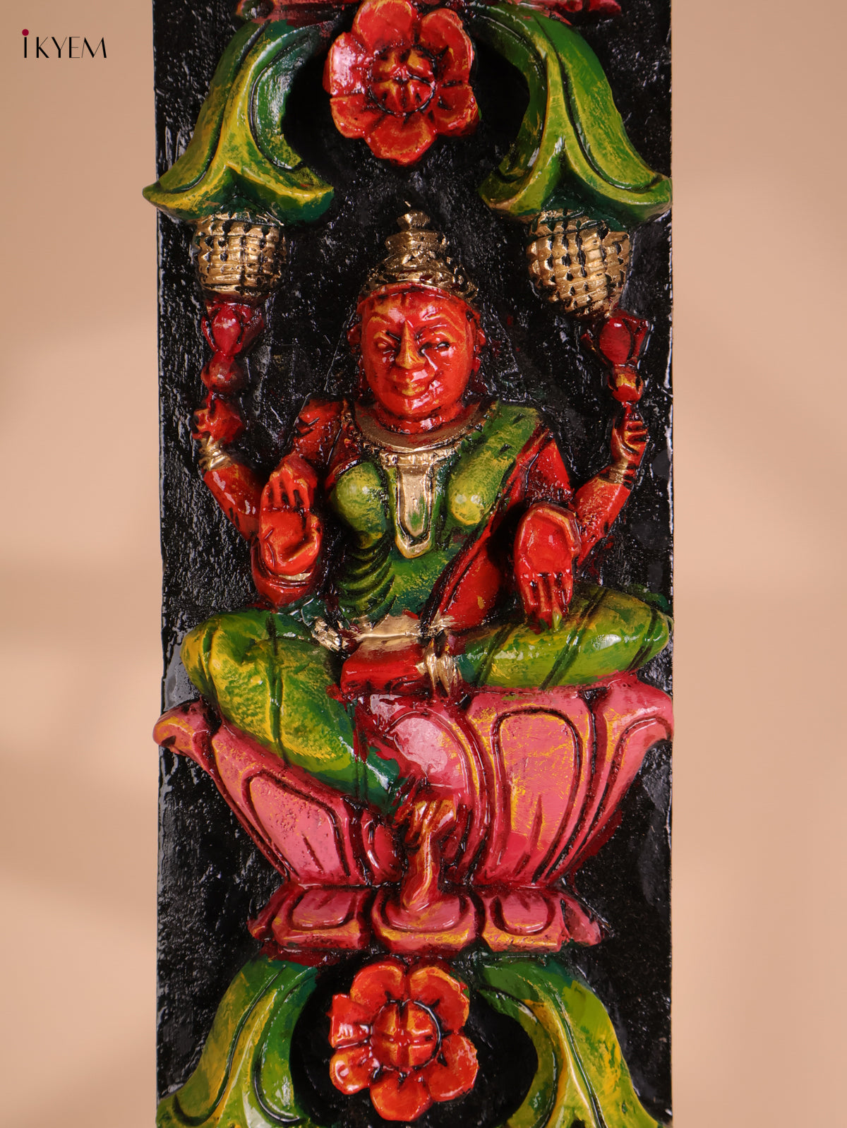 Wooden Hand Carved Painted Sarswathi Vertical Panel (36x4)