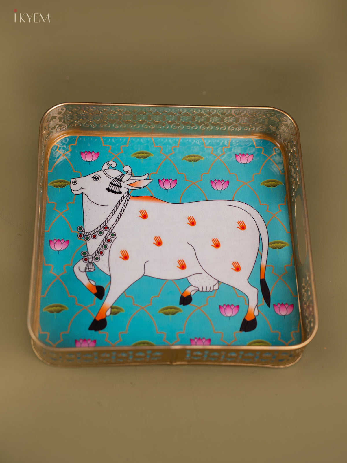 Pichwai Cow Printed Blue Colour Square Metal Tray - KF25111