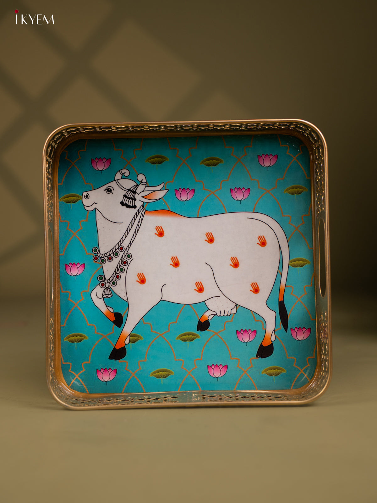 Pichwai Cow Printed Blue Colour Square Metal Tray - KF25111