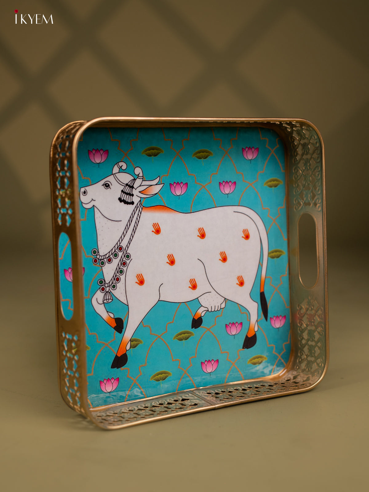 Pichwai Cow Printed Blue Colour Square Metal Tray - KF25111