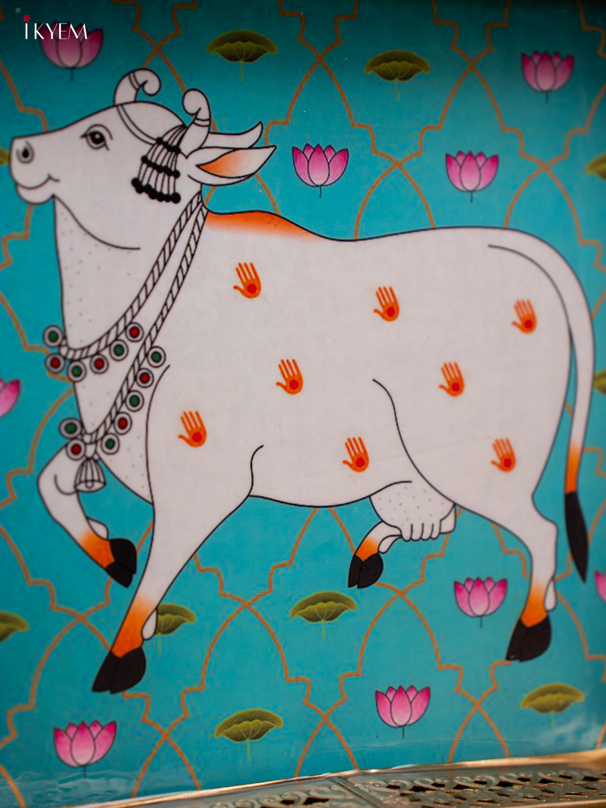 Pichwai Cow Printed Blue Colour Square Metal Tray - KF25111
