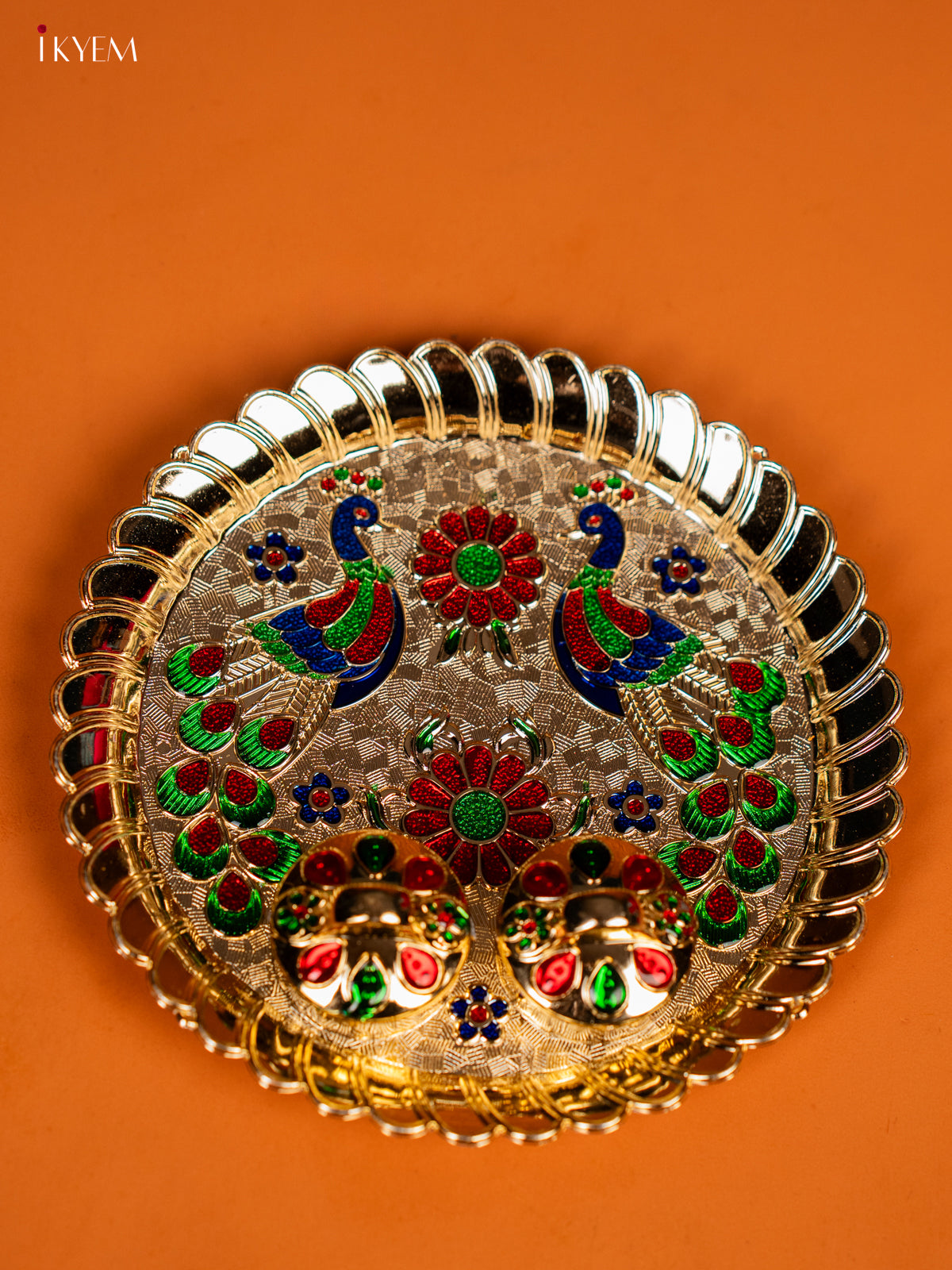 Elegant Meenakari Peacock Printed Pooja Plate With Kumkum Holder