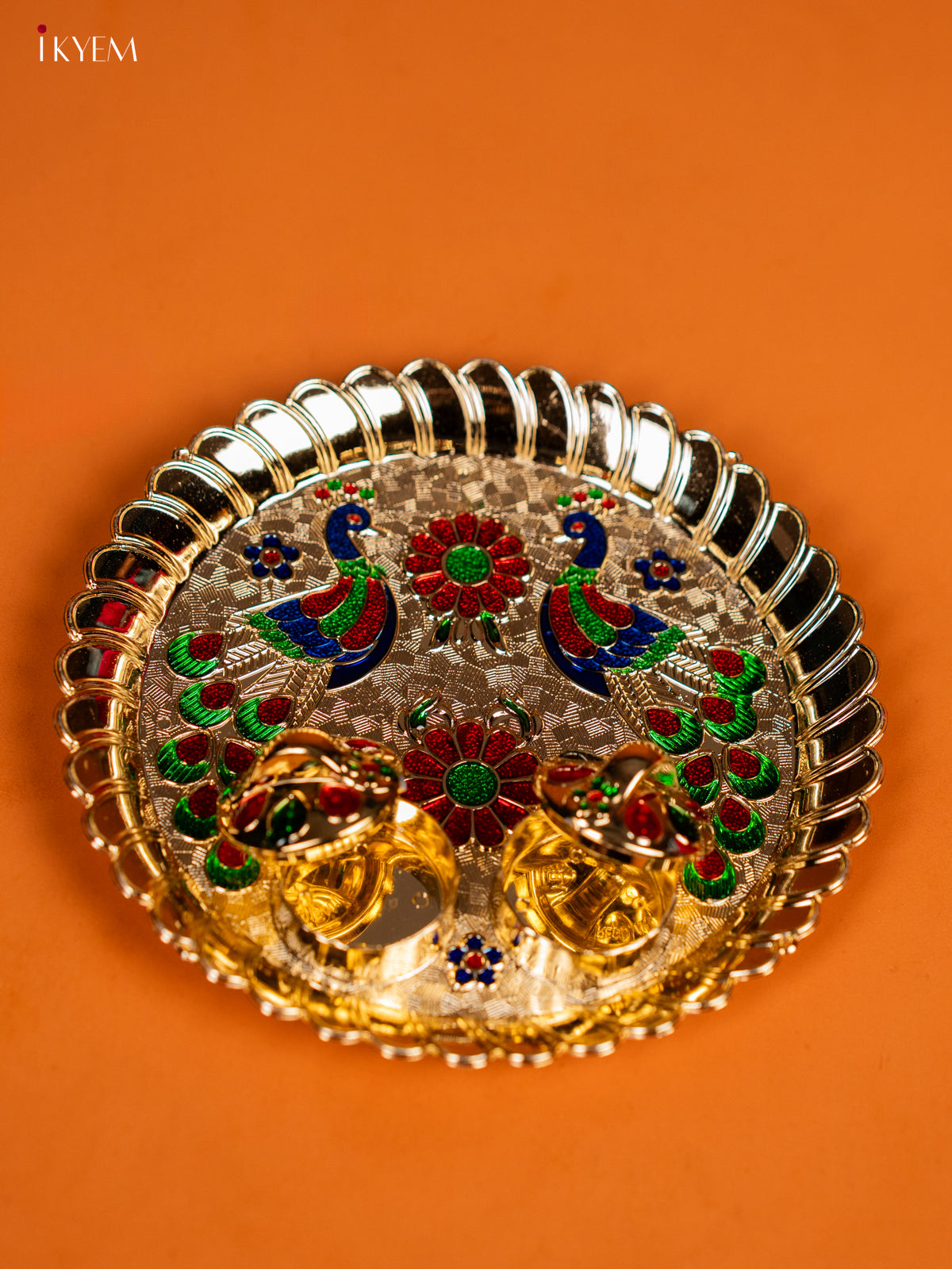 Elegant Meenakari Peacock Printed Pooja Plate With Kumkum Holder -1