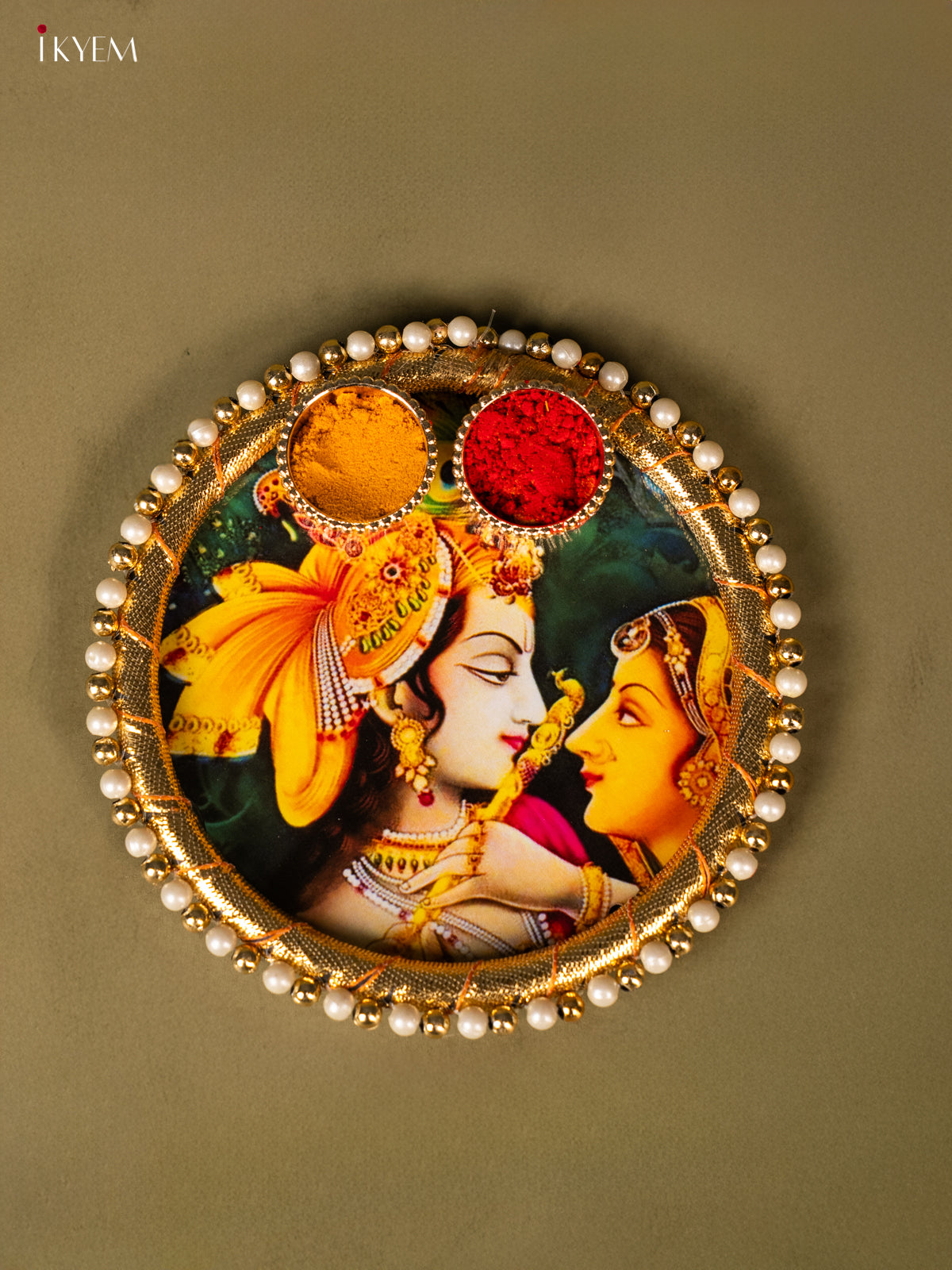 Radha Krishna Printed Green Plate With Haldi kumkum holder