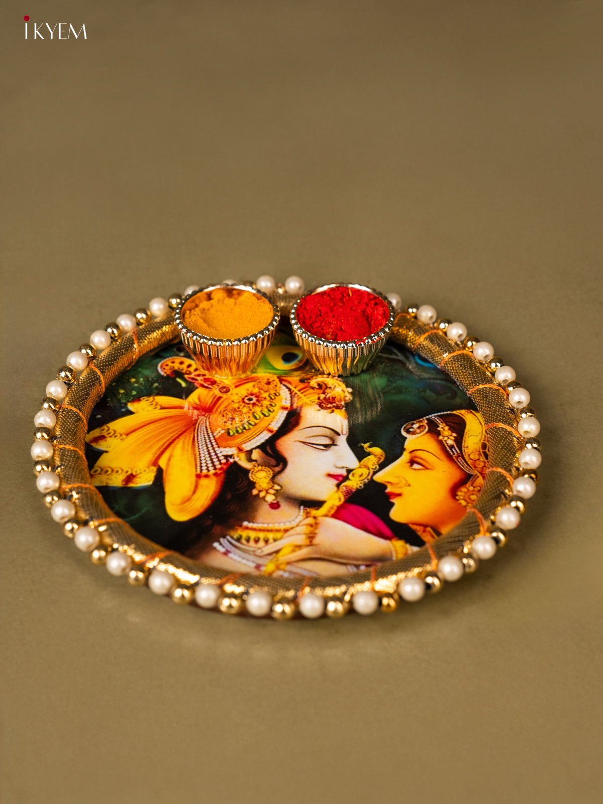 Radha Krishna Printed Green Plate With Haldi kumkum holder -1
