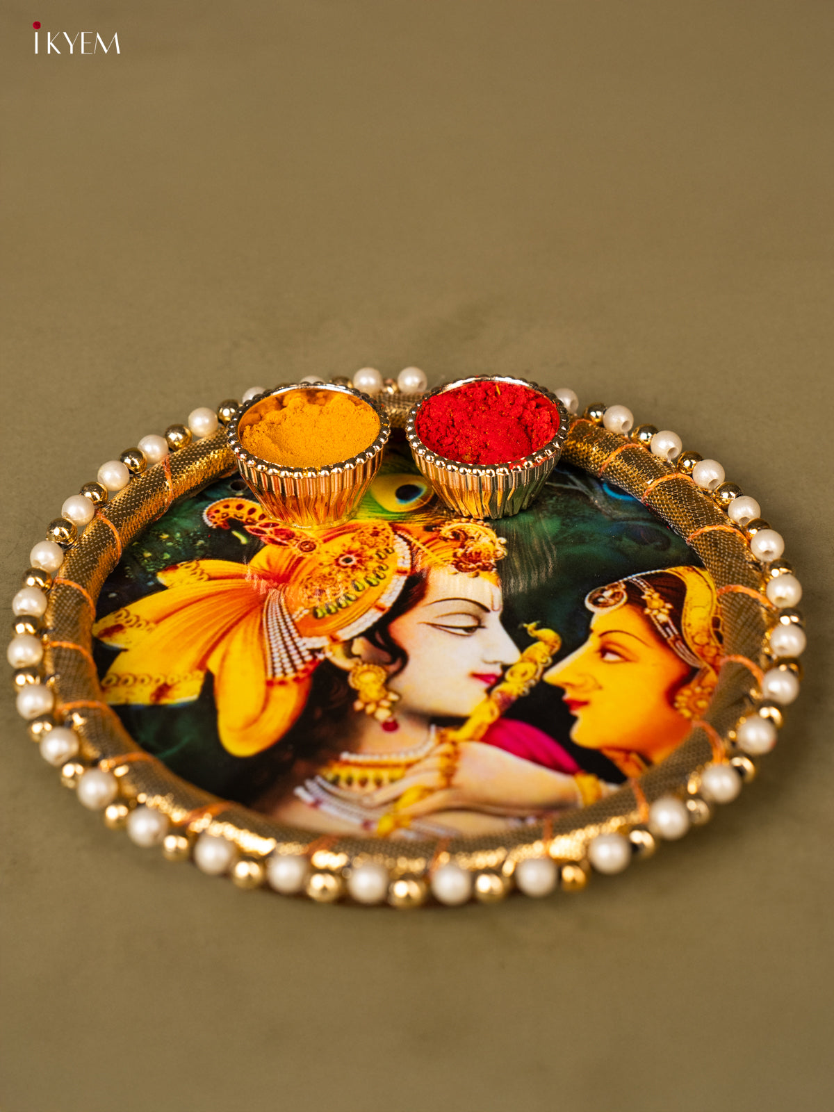 Radha Krishna Printed Green Plate With Haldi kumkum holder -2