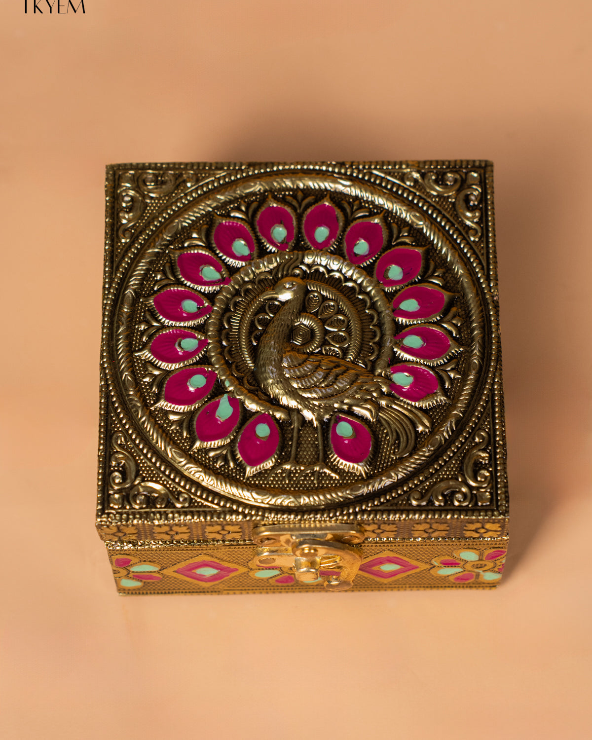 Gold Oxidized Trinket Box with Peacock Motif