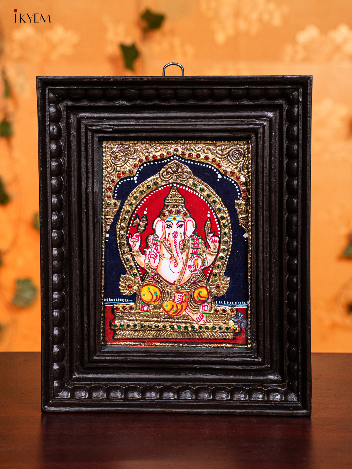Graceful Lord Ganesha Tanjore Painting in Teak Wood Frame