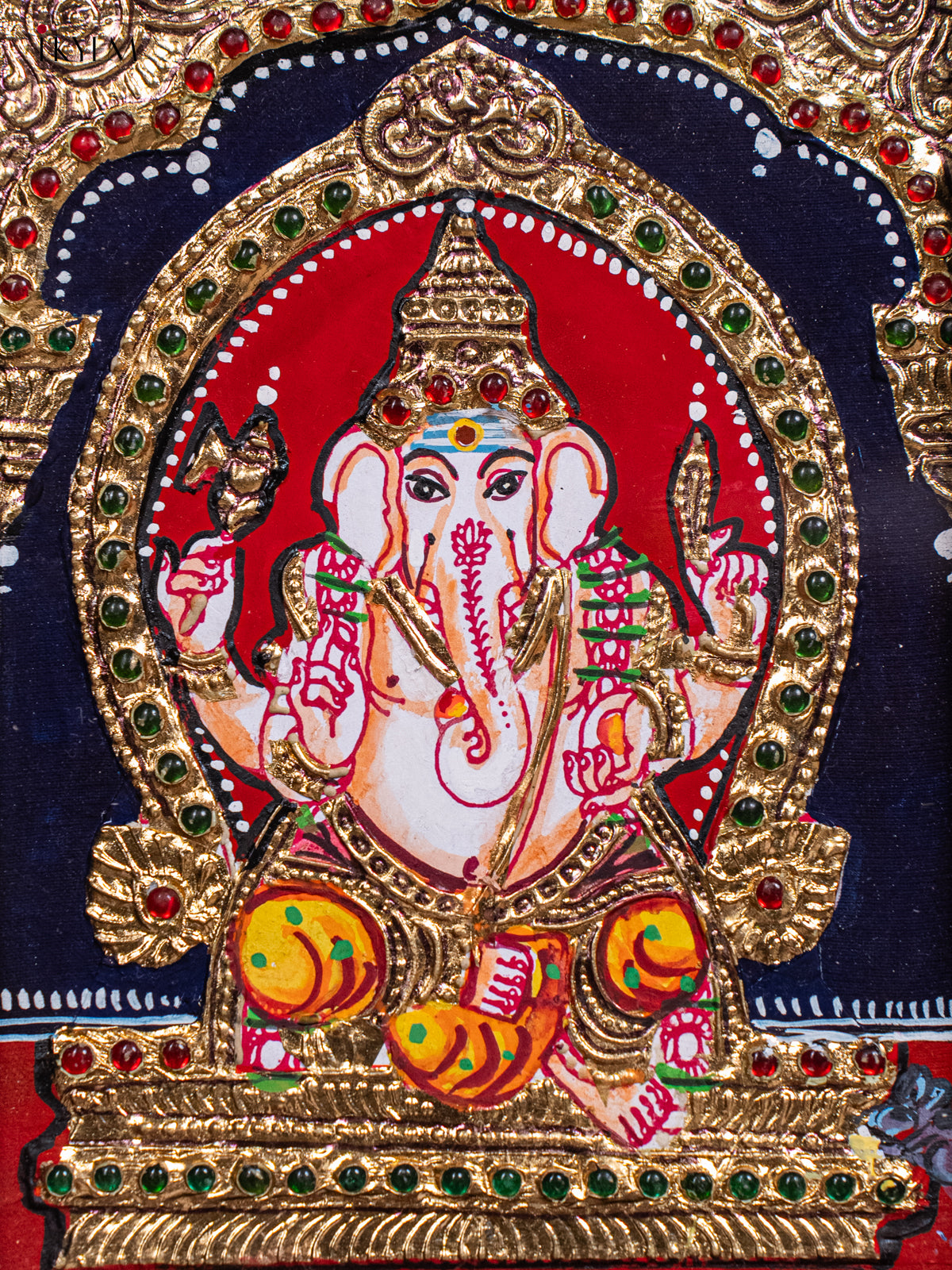 Graceful Lord Ganesha Tanjore Painting in Teak Wood Frame 2