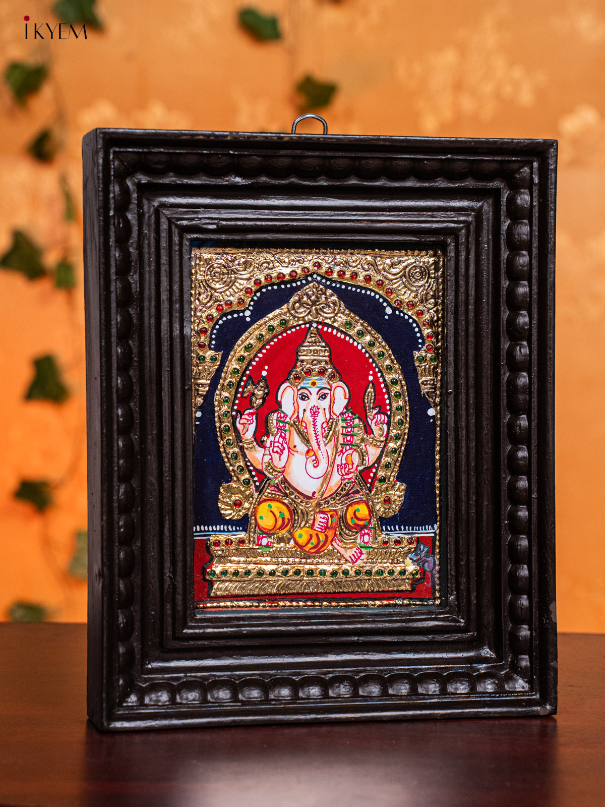 Graceful Lord Ganesha Tanjore Painting in Teak Wood Frame 1