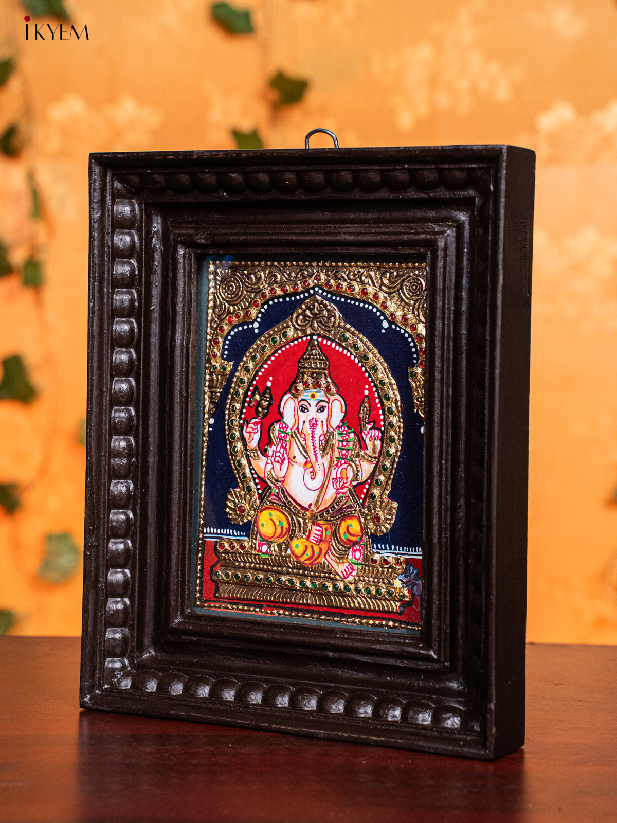 Graceful Lord Ganesha Tanjore Painting in Teak Wood Frame 3