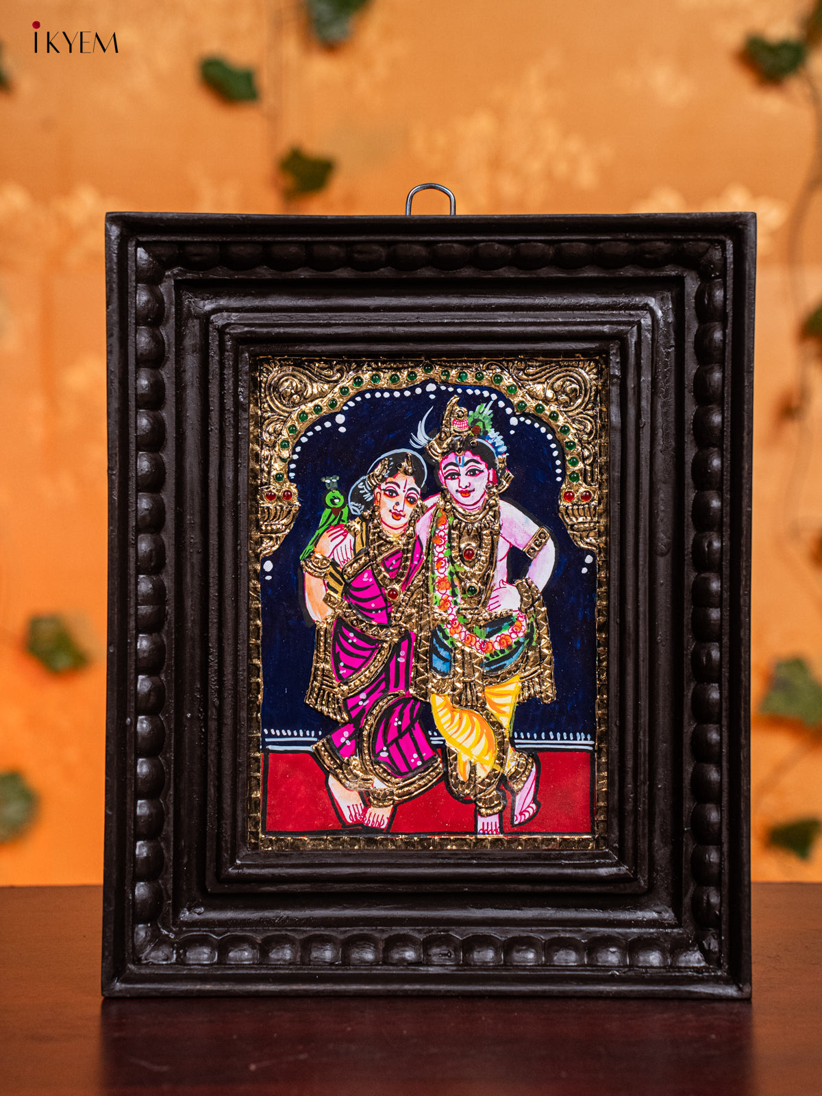 Elegant Krishna & Rukmini Thanjavur painting In Teak Wood Frame