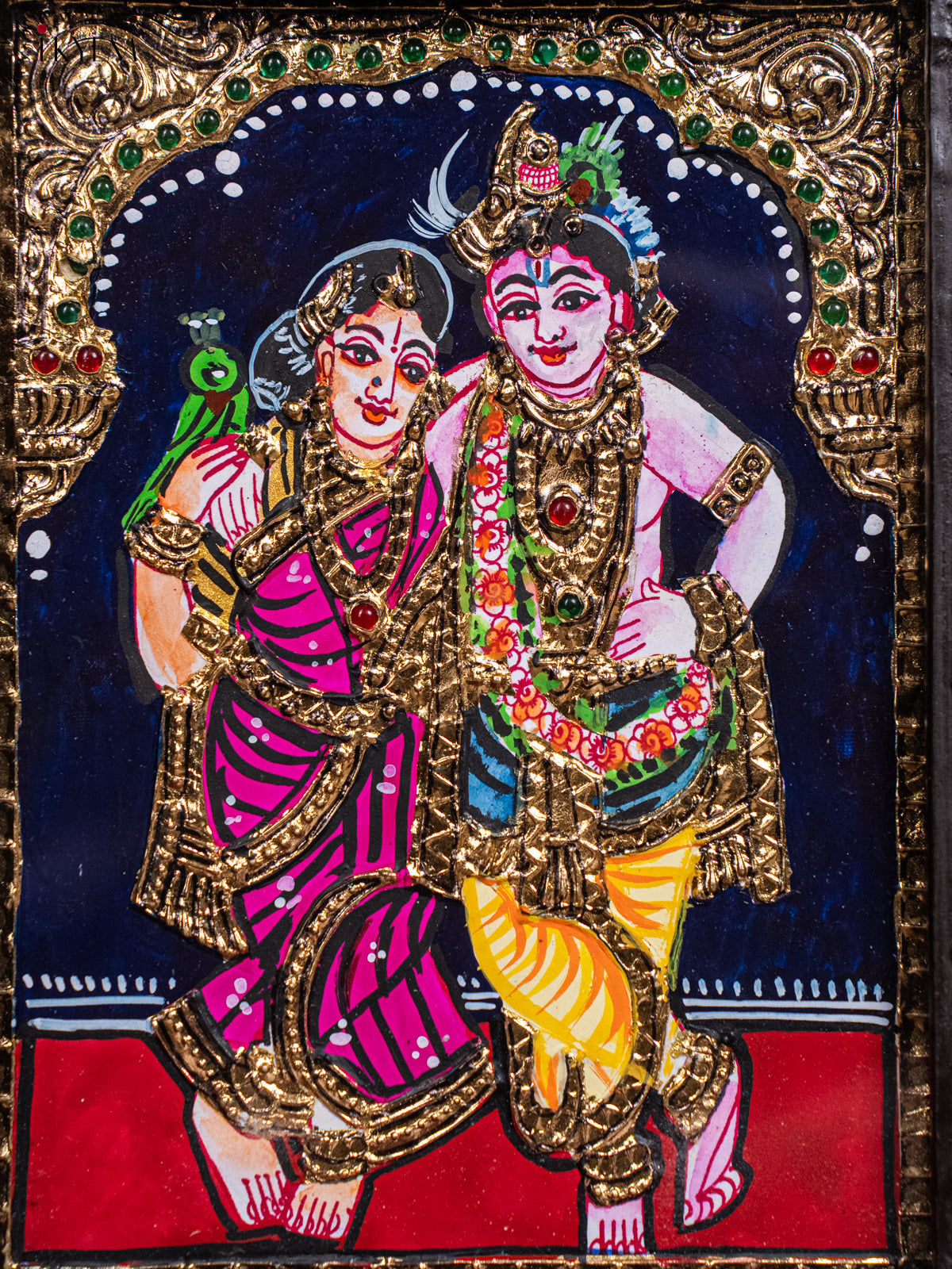 Elegant Krishna & Rukmini Thanjavur painting In Teak Wood Frame 2