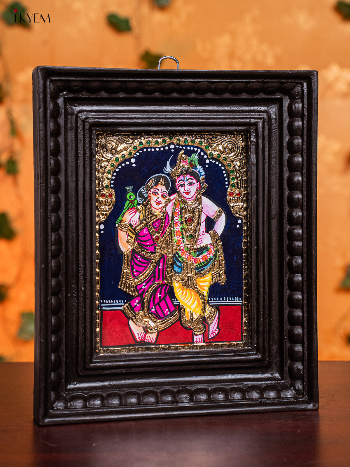 Elegant Krishna & Rukmini Thanjavur painting In Teak Wood Frame 1