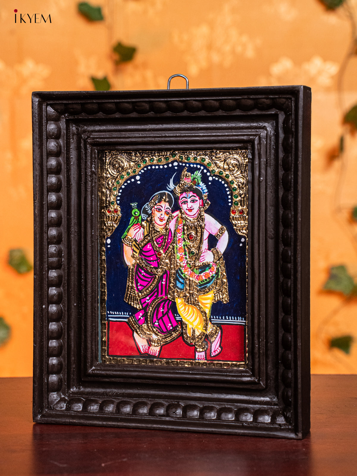 Elegant Krishna & Rukmini Thanjavur painting In Teak Wood Frame 3