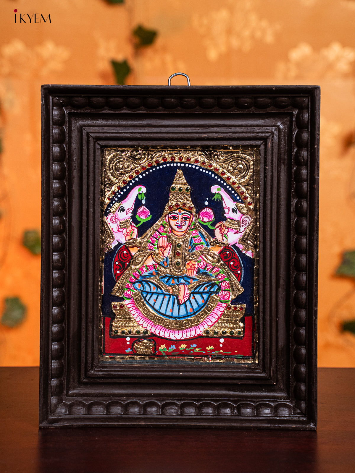 Majestic Goddess Gajalakshmi Tanjore Painting in Teak Wood Frame