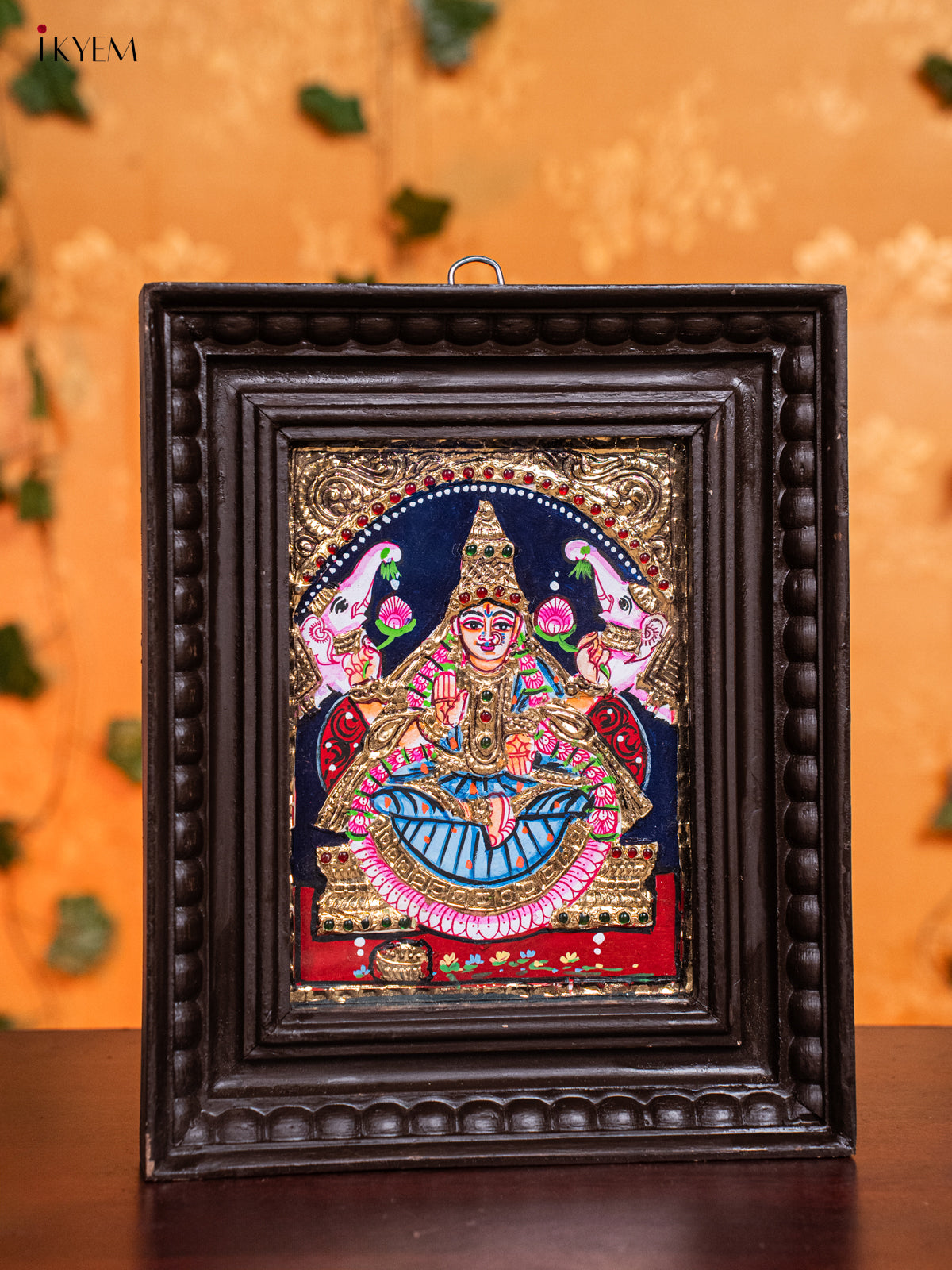 Majestic Goddess Gajalakshmi Tanjore Painting in Teak Wood Frame 1