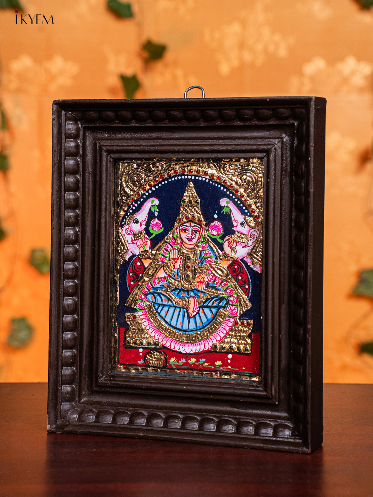 Majestic Goddess Gajalakshmi Tanjore Painting in Teak Wood Frame 3