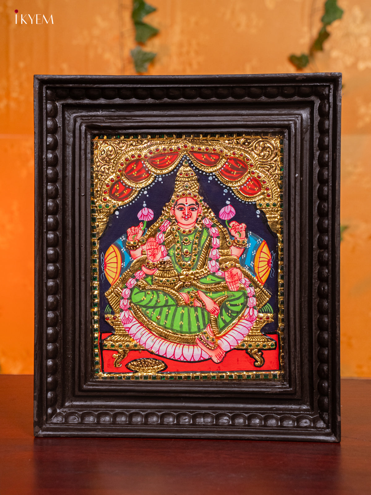 Stunning Goddess Lakshmi Tanjore Painting in Teak Wood Frame