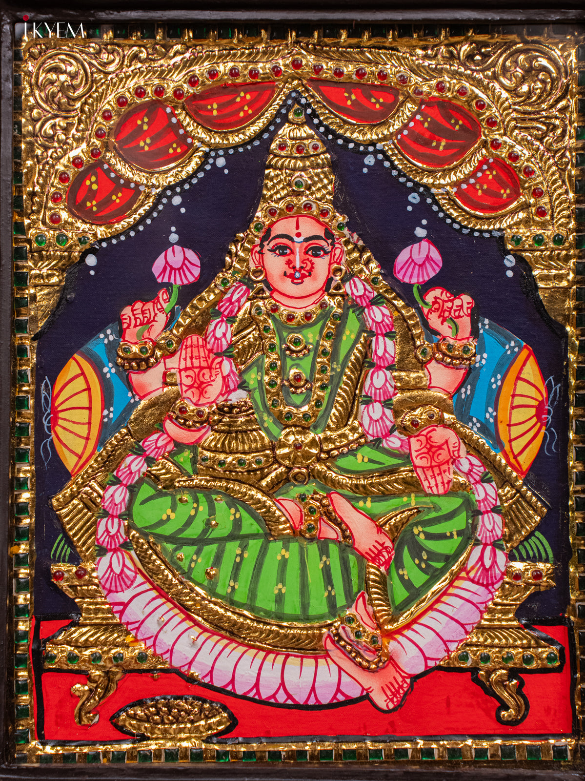 Stunning Goddess Lakshmi Tanjore Painting in Teak Wood Frame 2