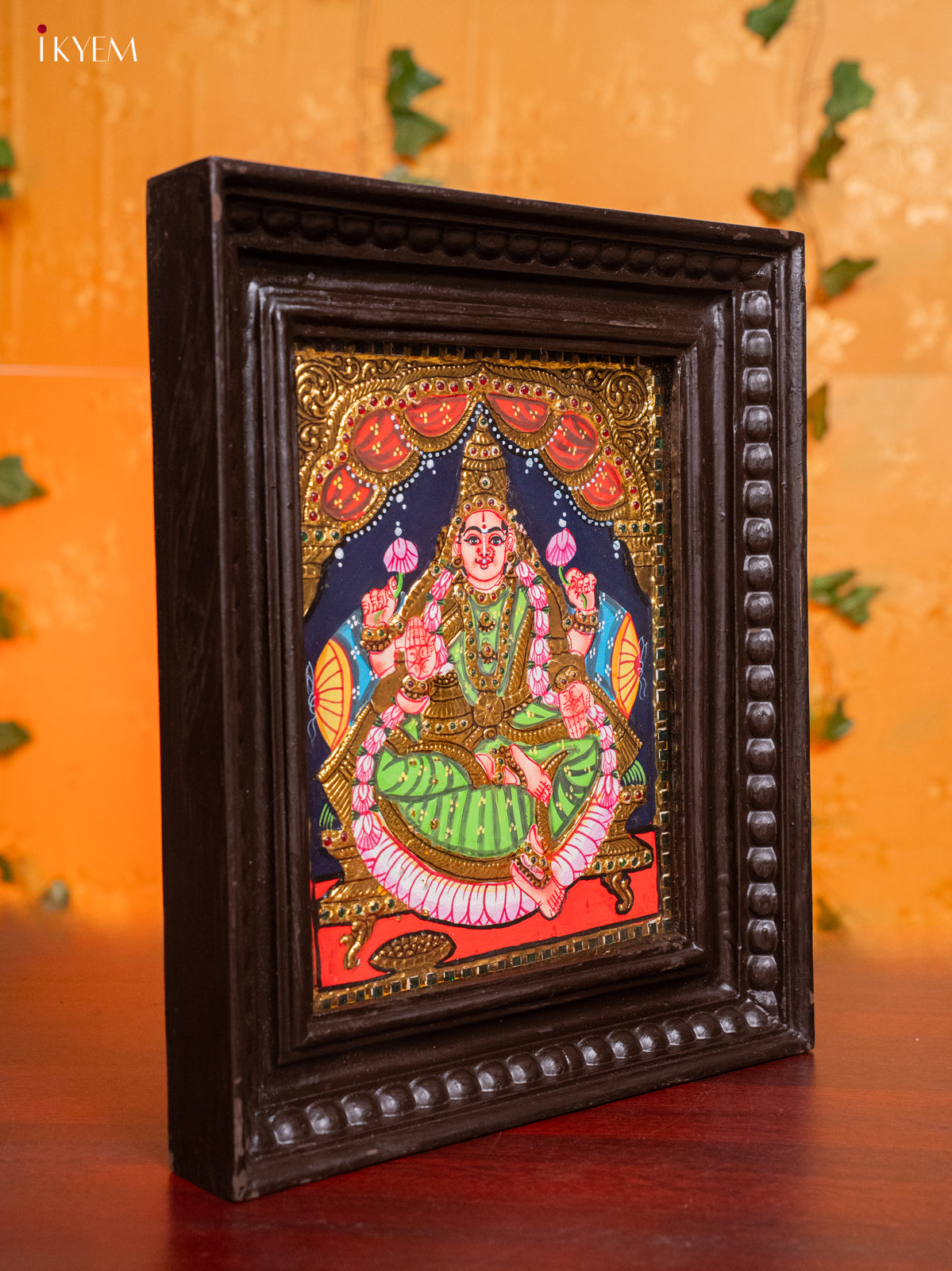 Stunning Goddess Lakshmi Tanjore Painting in Teak Wood Frame 1