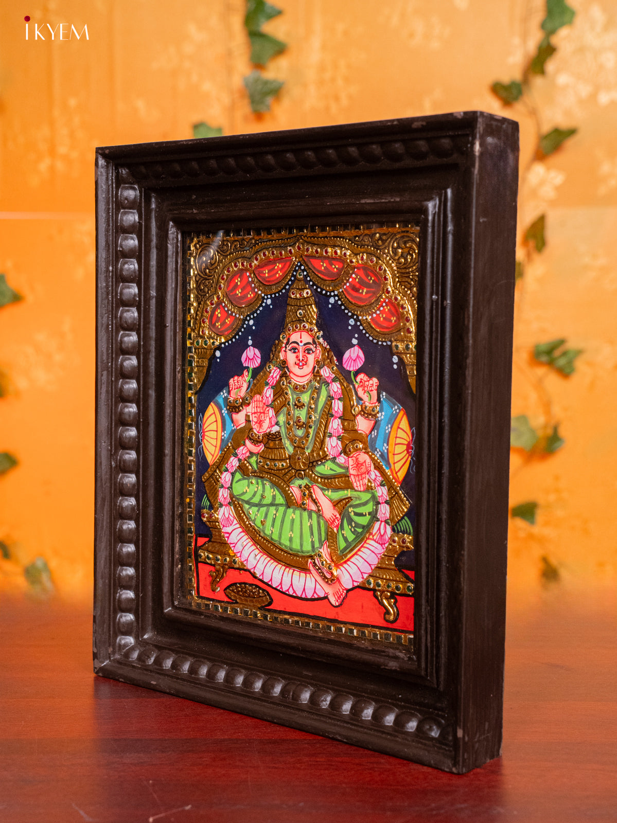 Stunning Goddess Lakshmi Tanjore Painting in Teak Wood Frame 3