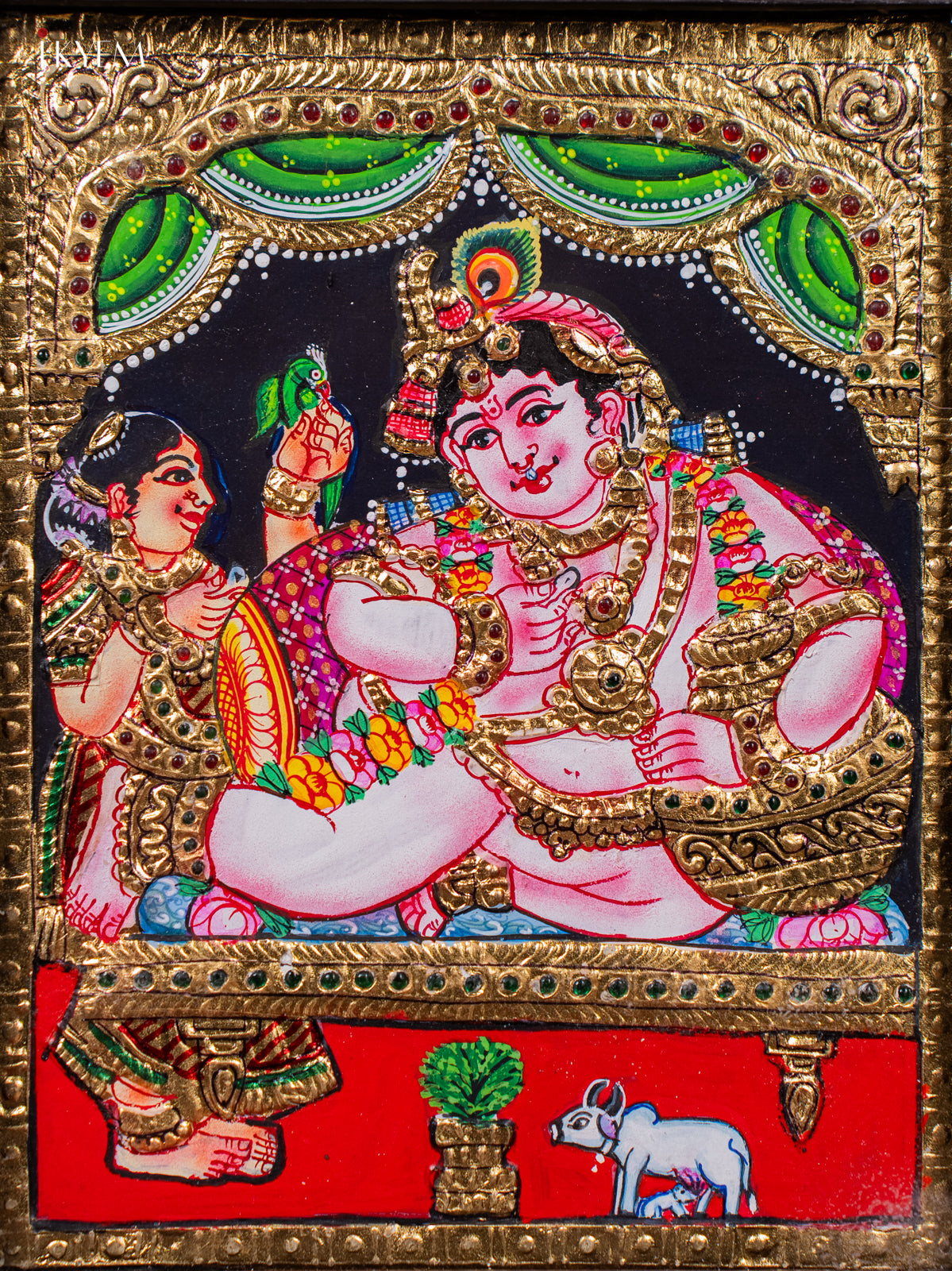 Opulent Tanjore painting Of Lord Krishna Seated In His Throne 2