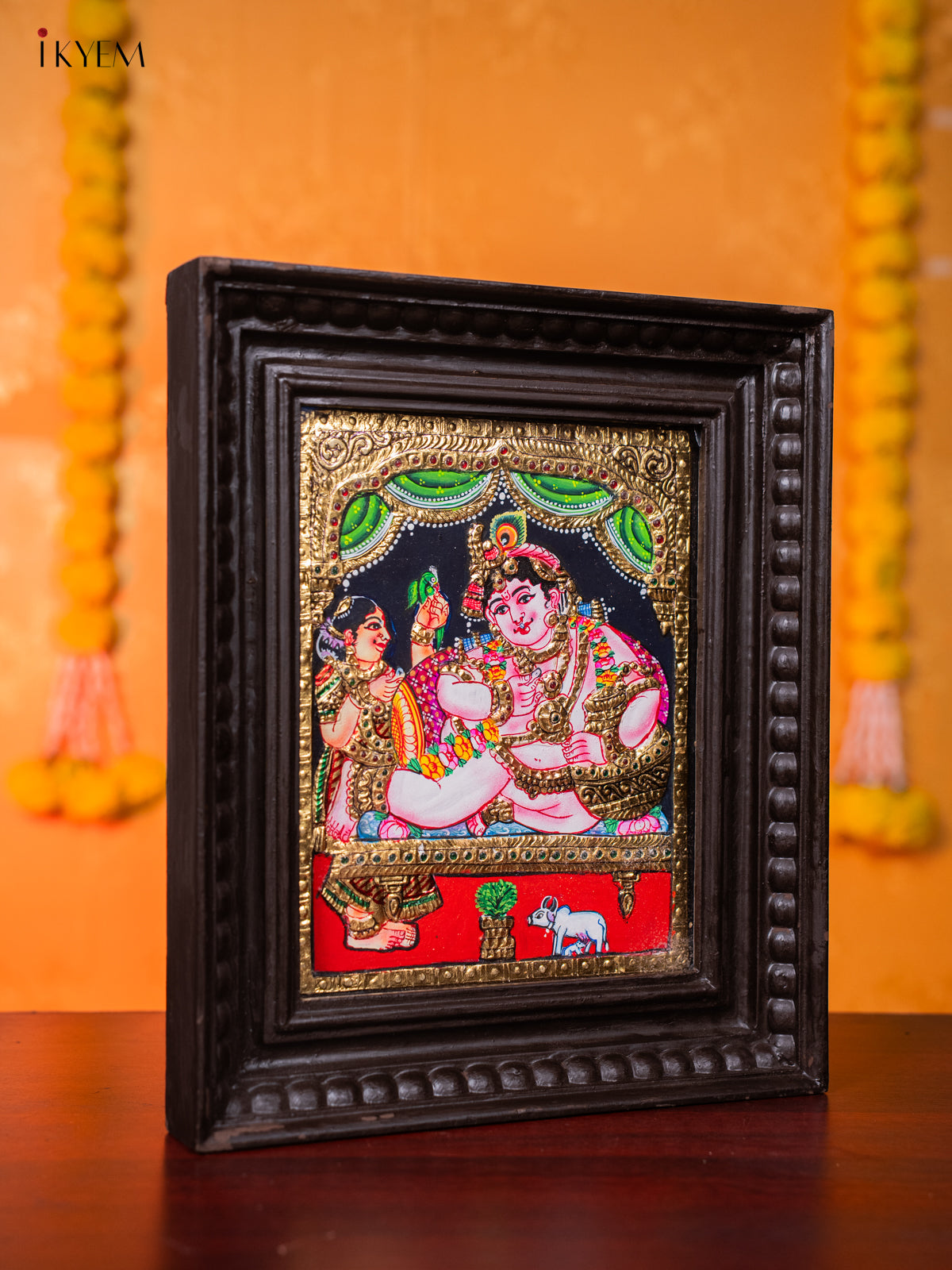 Opulent Tanjore painting Of Lord Krishna Seated In His Throne 3
