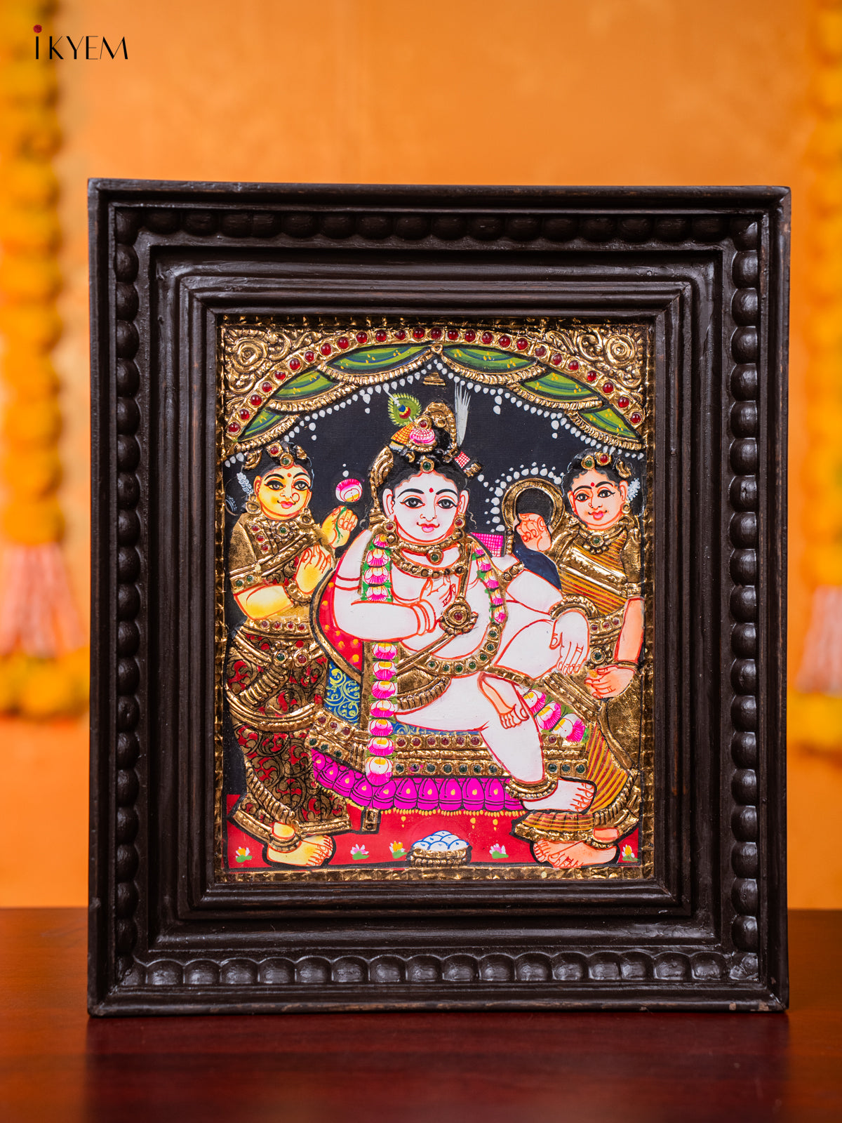 Cute Tanjore painting Of Krishna Seated In His Throne With 2 Gopikas