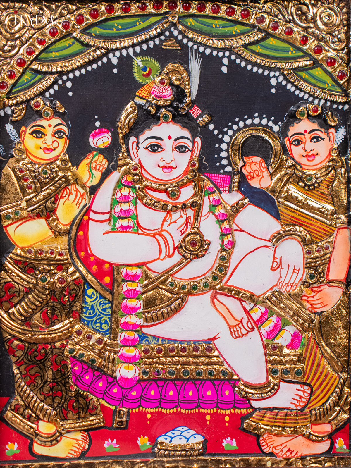 Cute Tanjore painting Of Krishna Seated In His Throne With 2 Gopikas 2