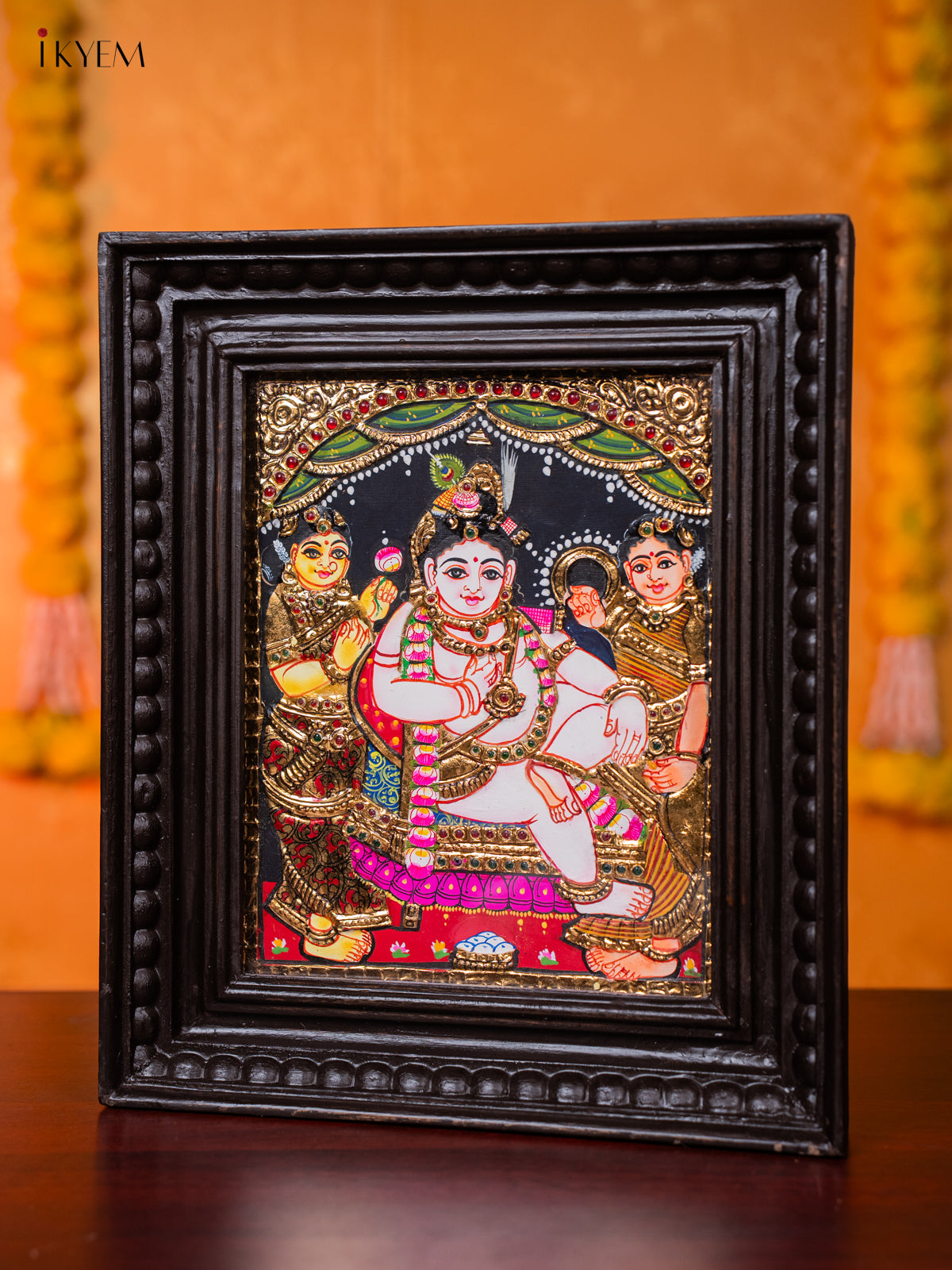 Cute Tanjore painting Of Krishna Seated In His Throne With 2 Gopikas 1