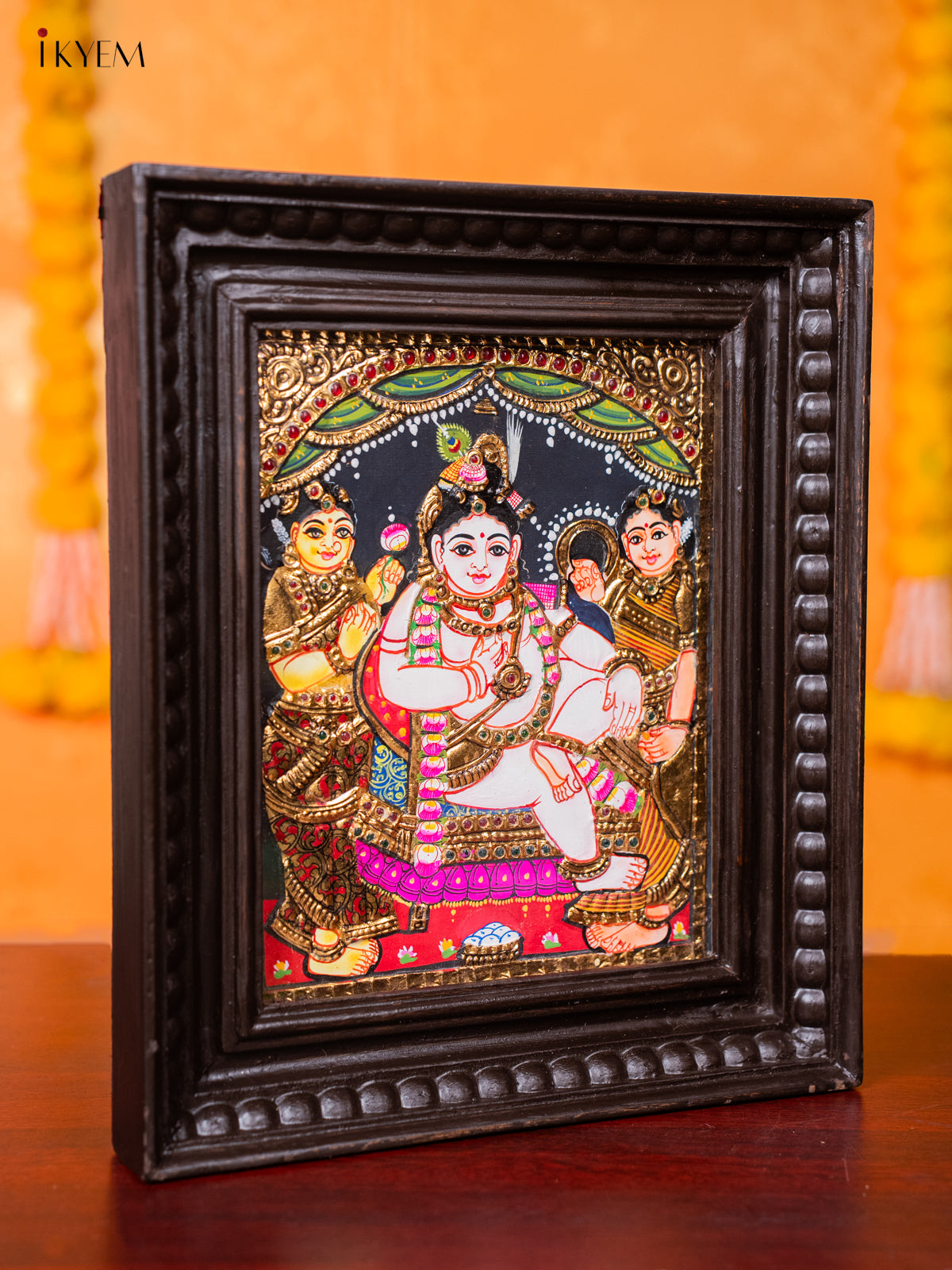 Cute Tanjore painting Of Krishna Seated In His Throne With 2 Gopikas 3