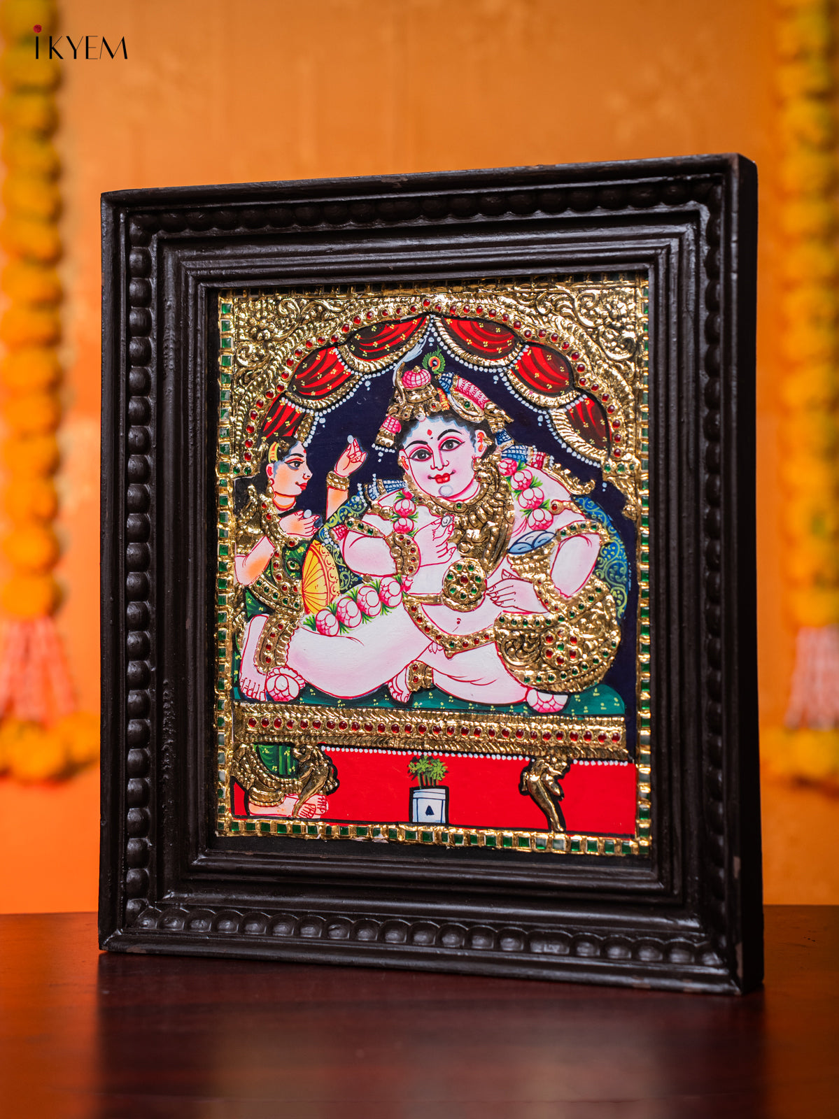Vibrant Tanjore painting Of Baby Krishna With Butter Pot 1