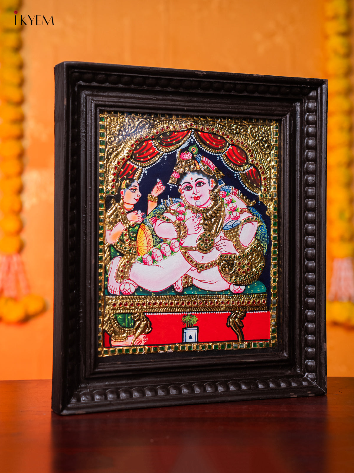 Vibrant Tanjore painting Of Baby Krishna With Butter Pot 3