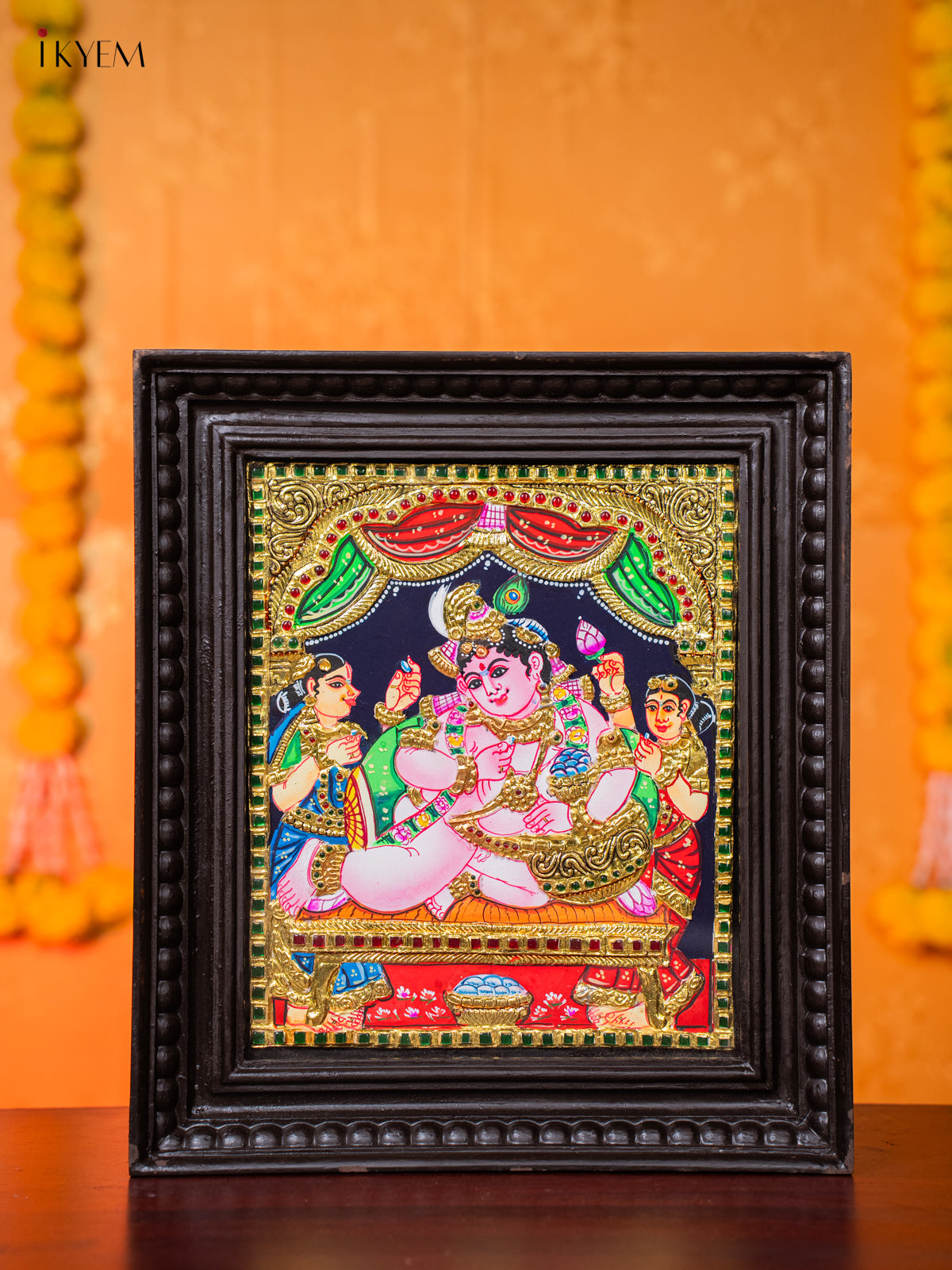 Rich Thanjavur Painting Of Bala Krishna With 2 Gopikas