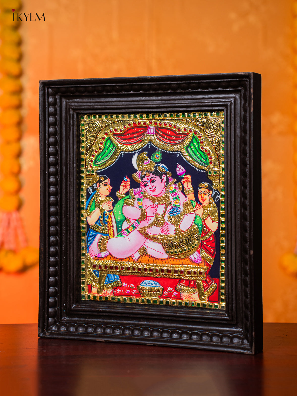 Rich Thanjavur Painting Of Bala Krishna With 2 Gopikas 1
