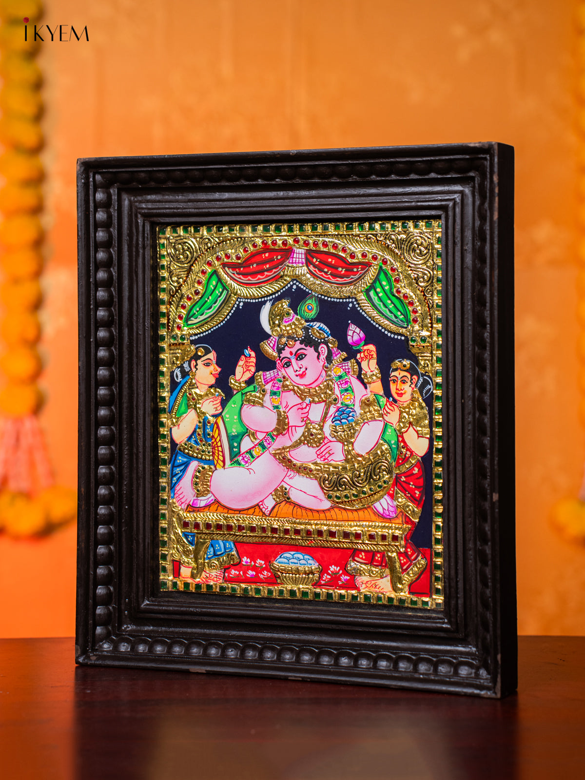 Rich Thanjavur Painting Of Bala Krishna With 2 Gopikas 1