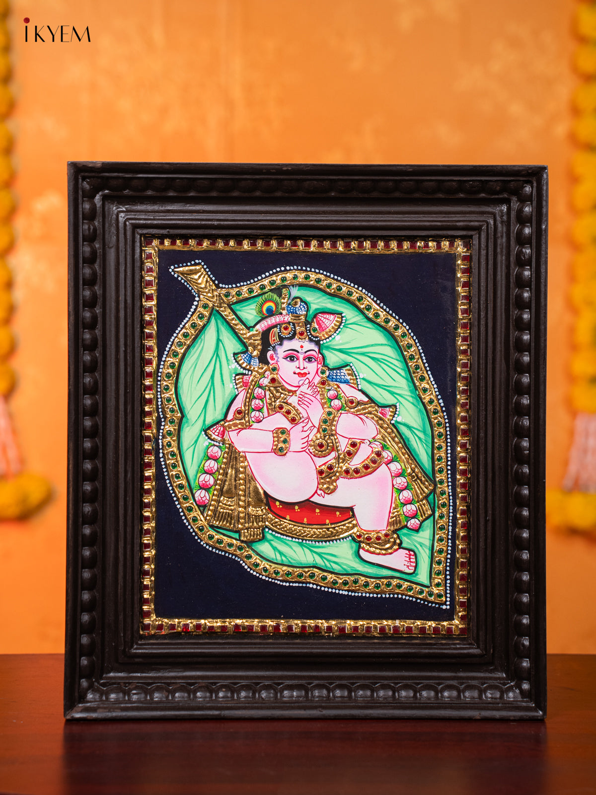 Cute Thanjavur Painting Of Baby Krishna In Banyan Leaf 1