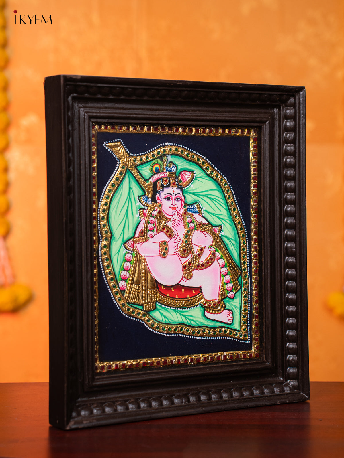 Cute Thanjavur Painting Of Baby Krishna In Banyan Leaf 1