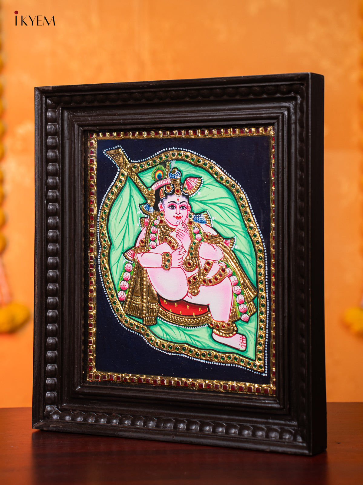 Cute Thanjavur Painting Of Baby Krishna In Banyan Leaf 4