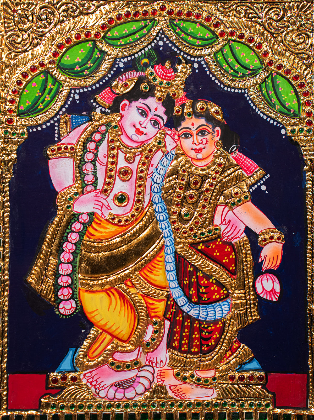 Graceful Lord Krishna & Rukmani Tanjore painting 1