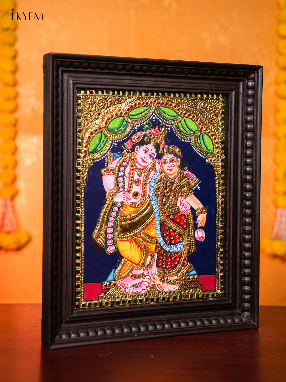 Graceful Lord Krishna & Rukmani Tanjore painting 3