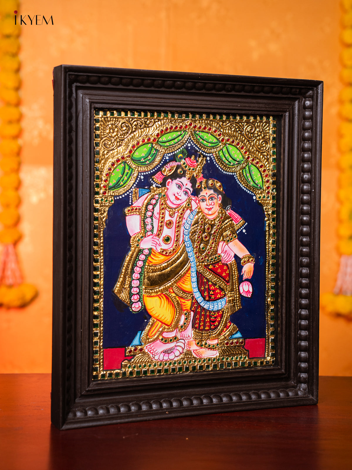 Graceful Lord Krishna & Rukmani Tanjore painting 3