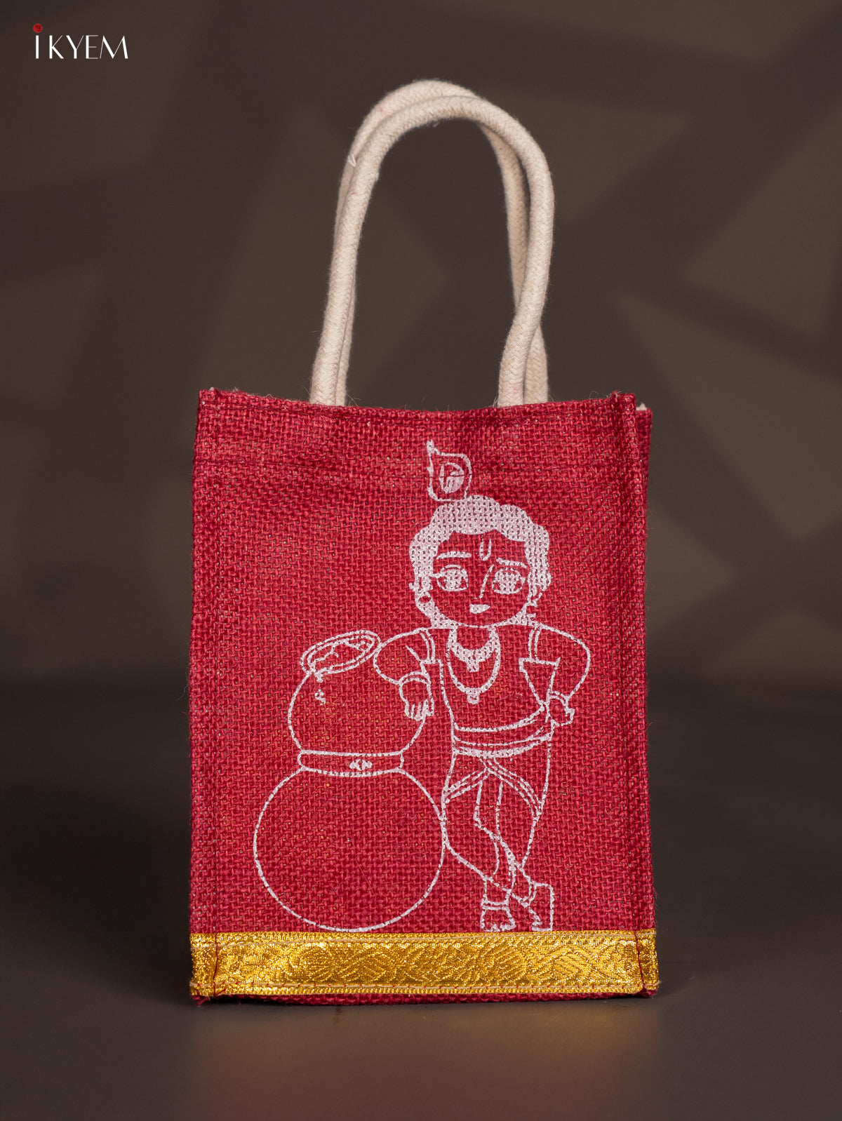 Cute Krishna Printed Maroon Jute Bags With Zari Border - 8 Inch