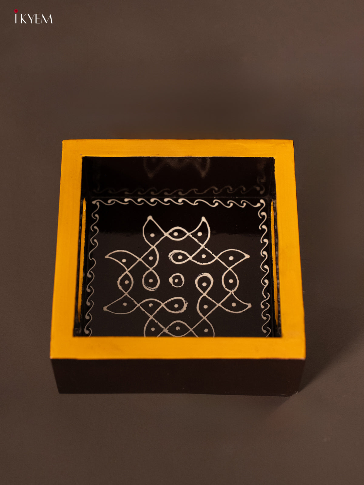 Kolam Hand-Painted Black Square Wooden Tray 1