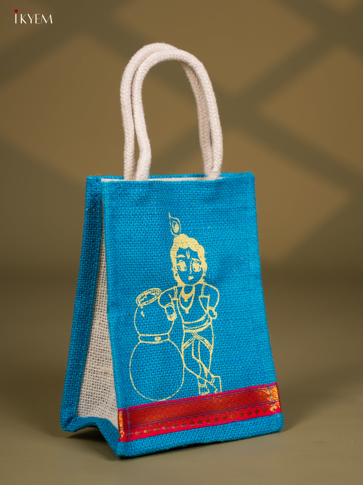 Krishna Printed Blue Jute Bag With Zari Border - 8 Inch