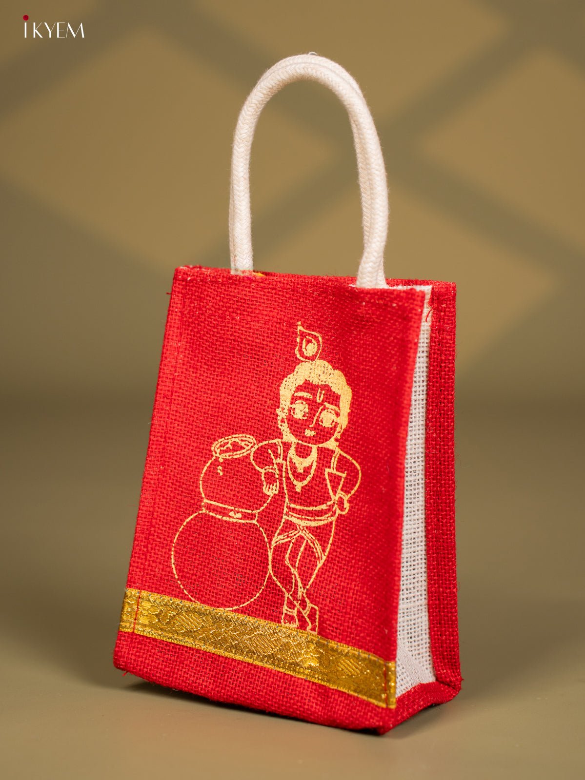 Krishna Printed Red Jute Bags With Zari Border - 8 Inch