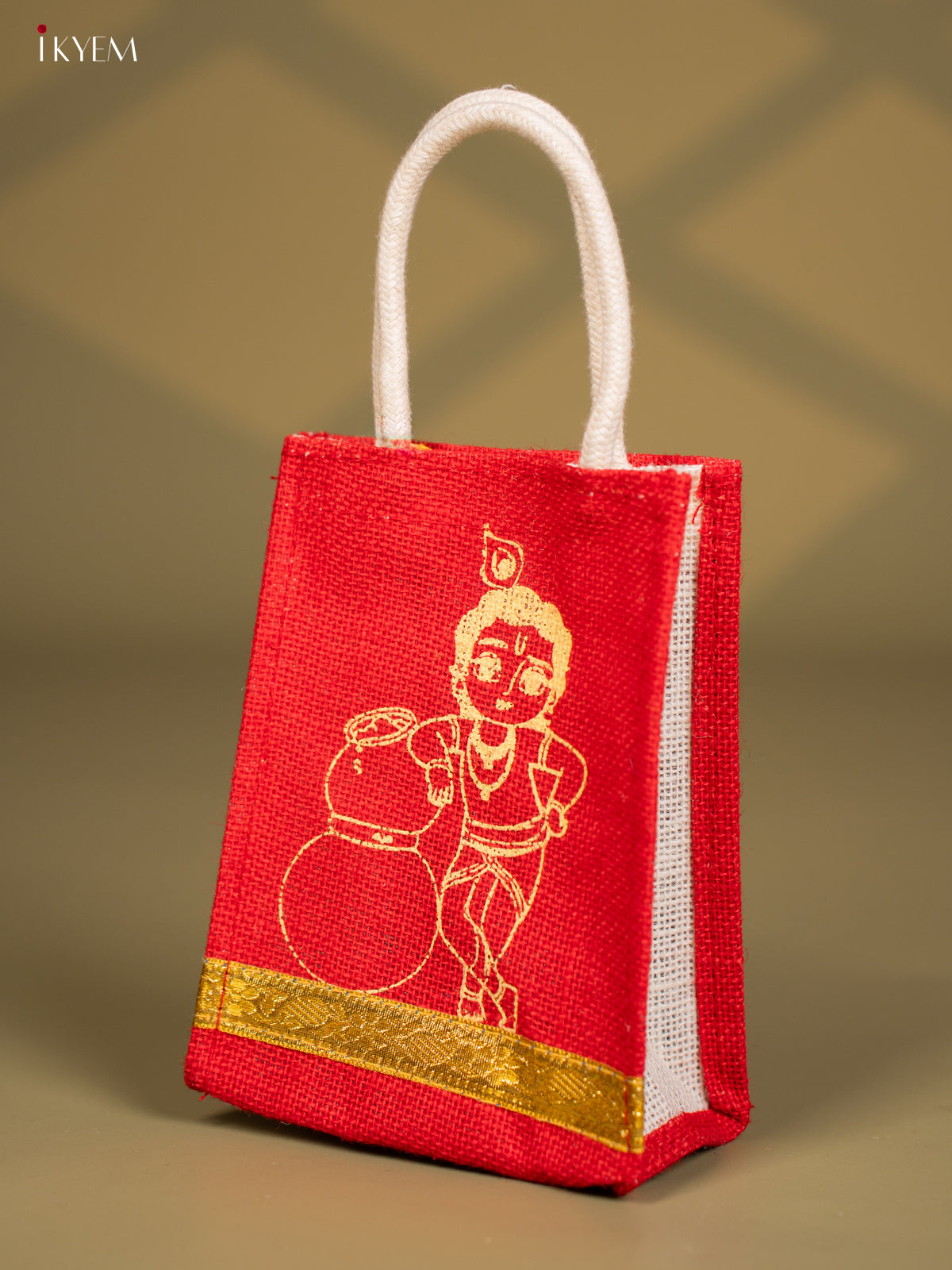 Krishna Printed Red Jute Bags With Zari Border - 8 Inch