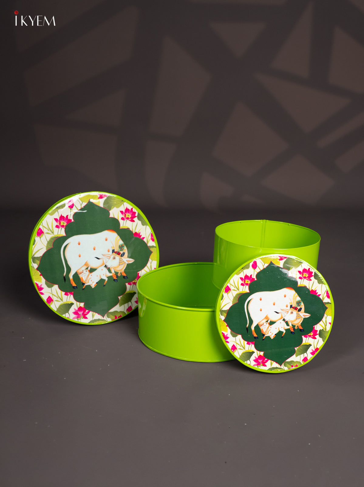 Light Green Pichwai Cow & Calf Printed Metal Storage Box 1